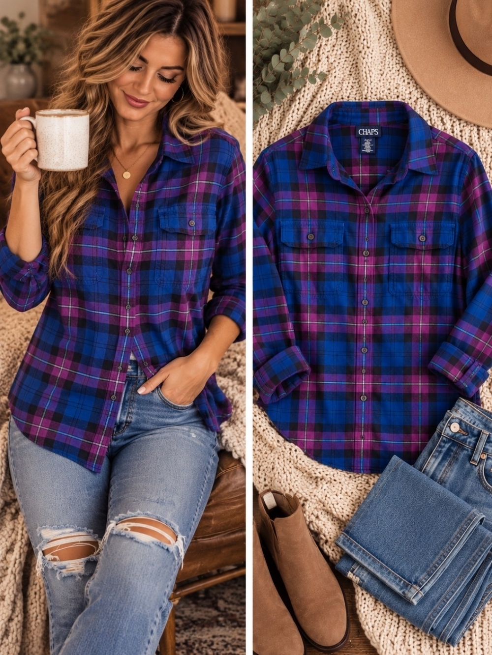 Chaps 100% Cotton Cozy Soft Plaid Flannel Shirt Blue Purple Magenta Large